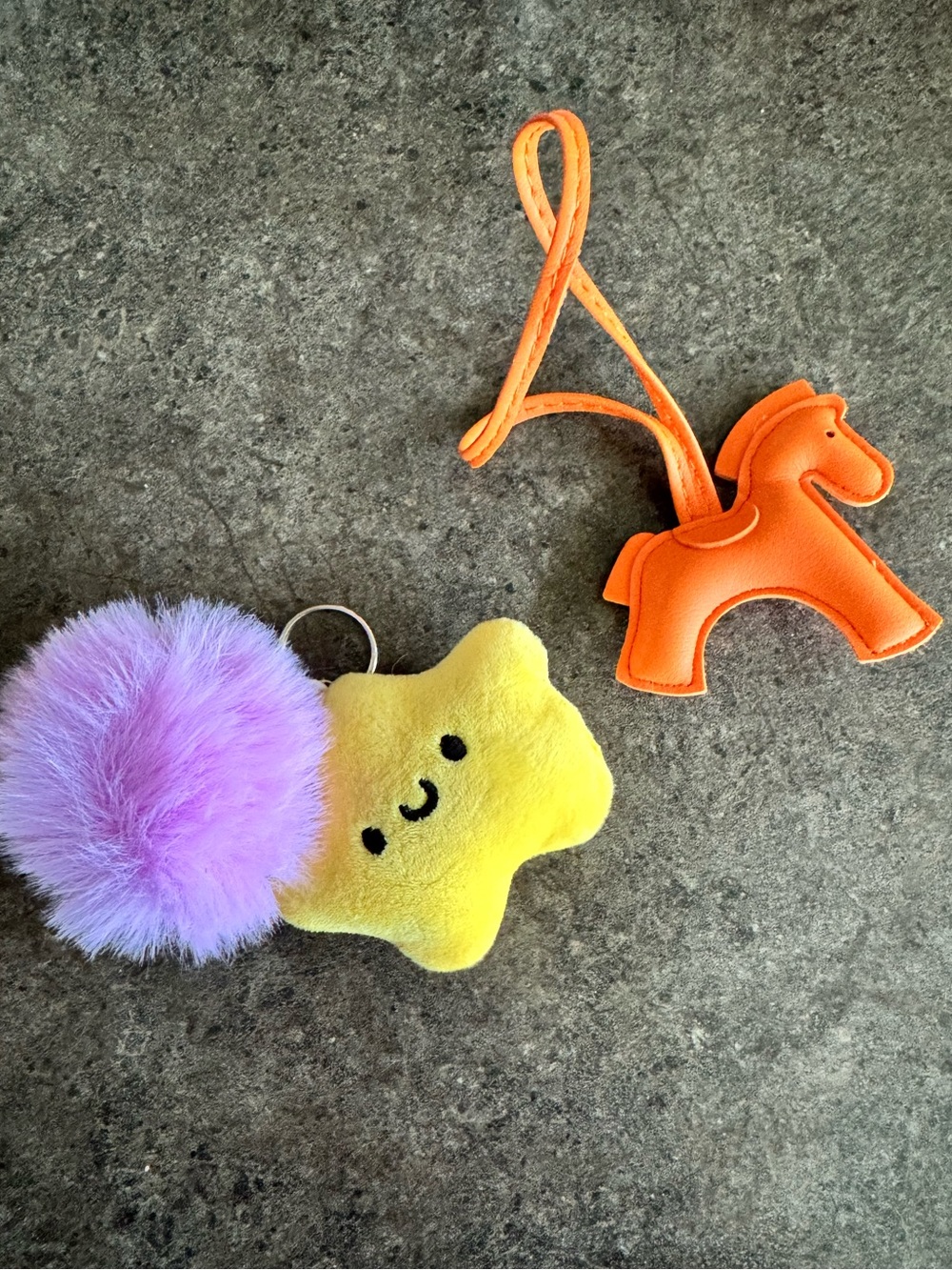 Plush Star Purple Pom Keychain and Orange Horse Purse Bag Charm Fob